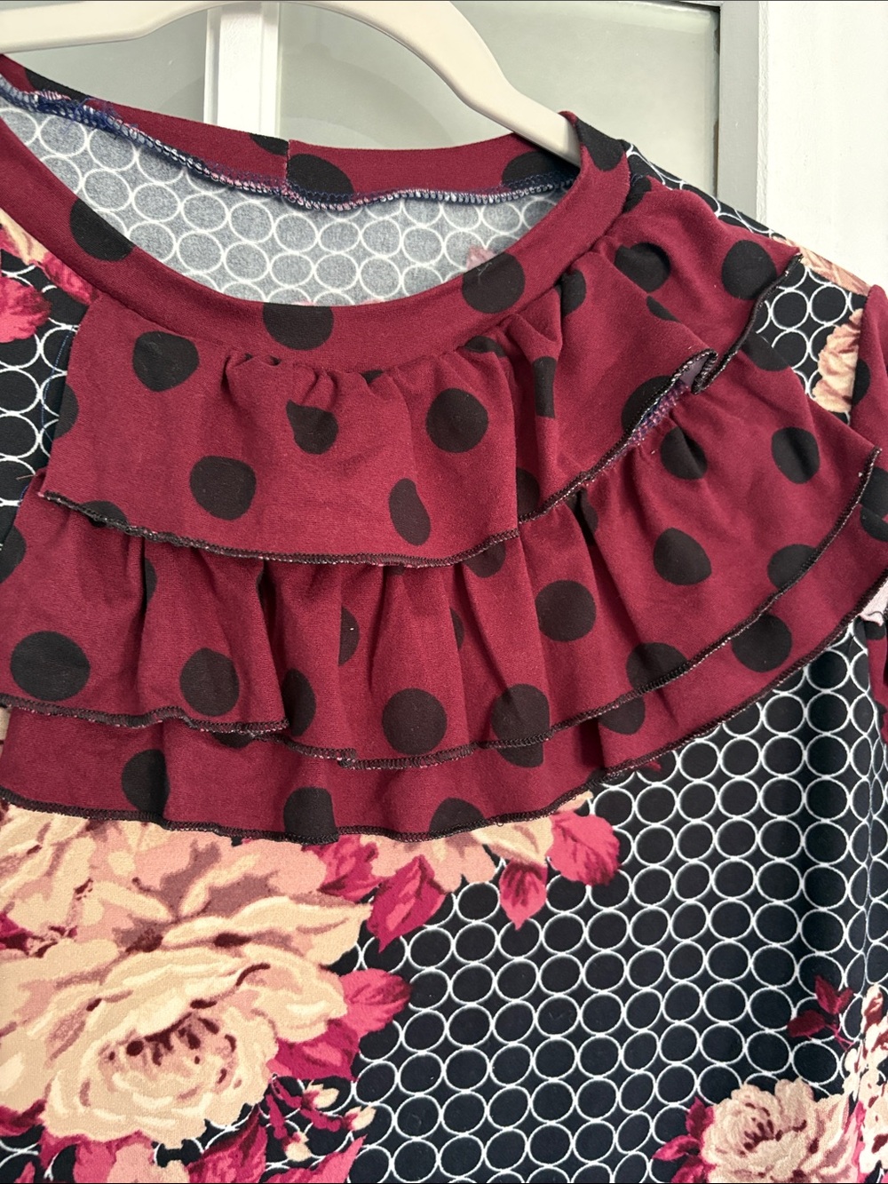 Floral & Polka Dot Ruffle Tunic - Burgundy, Black, Cream - Picture 2 of 6